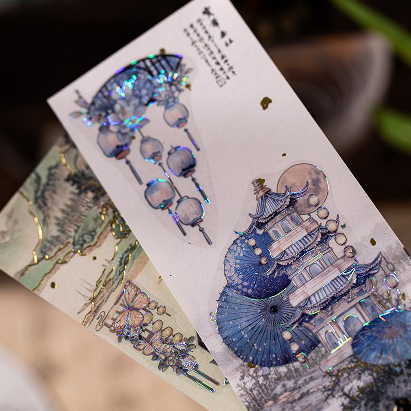 3 Sheets/Bag Of Classical Flower Hot Stamping PET Stickers Chinese Style Creative Diary Notebook Stickers DIY Collage Decoration