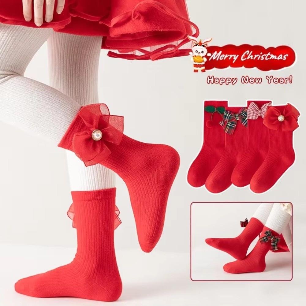 Red Kids Red Socks Cotton Bow Middle Tube Socks Soft Baby Middle Tube Socks  Autumn Winter