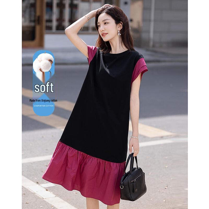 Demana Summer Relaxed Fit Color Block Round Neck Short Sleeve Maxi Dress L