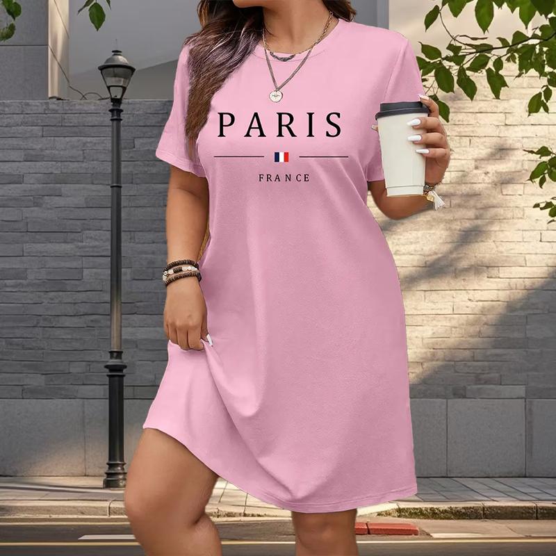 

Мода Жіноча Вільна Сукня А-силуету з Принтом Парижа, Круглим Вирізом, Коротким Рукавом та Принтом Листя, Вільний Вуличний Стиль L