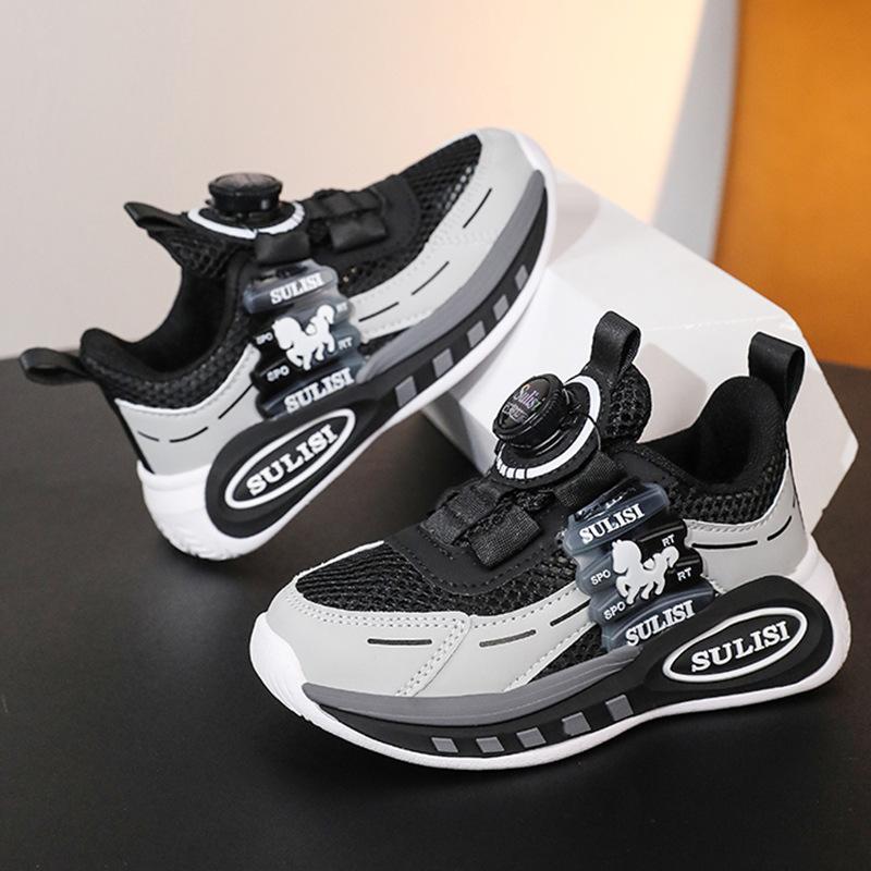 Boys' shoes New children's sports shoes Medium and older children's rotating buckle single mesh breathable mesh running shoes