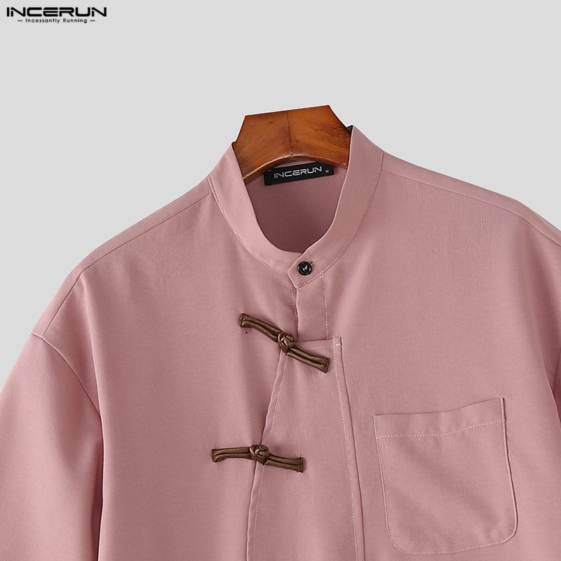 INCERUN Oversized Men Summer Short Sleeve Side Buttons Casual Vintage Tops Shirts