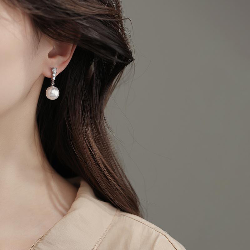 Korean Style Small Fragrance Zircon Pearl Silver Stud Earrings For Women