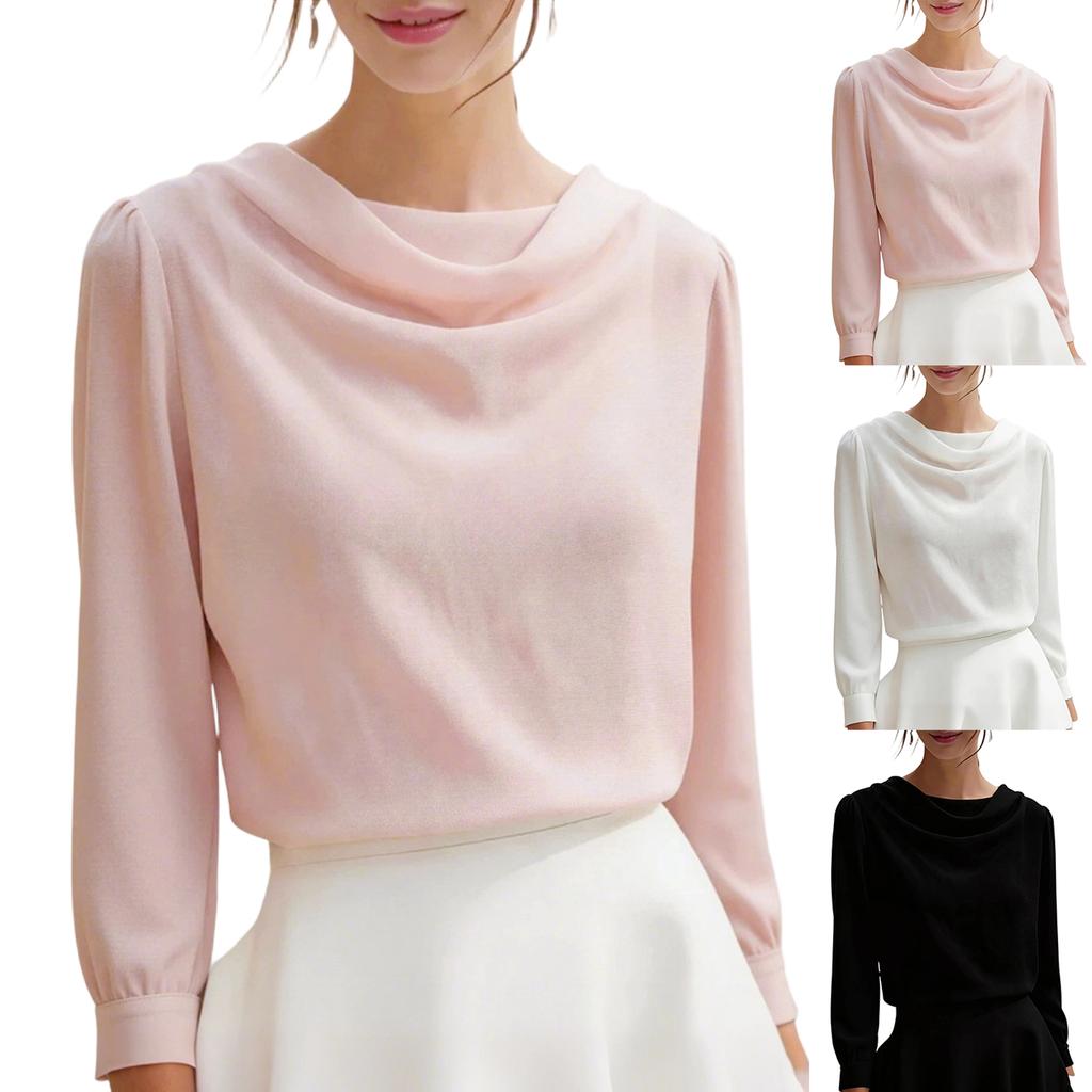 Women's Cowl Neck Long Sleeve Chiffon Blouse Color Top