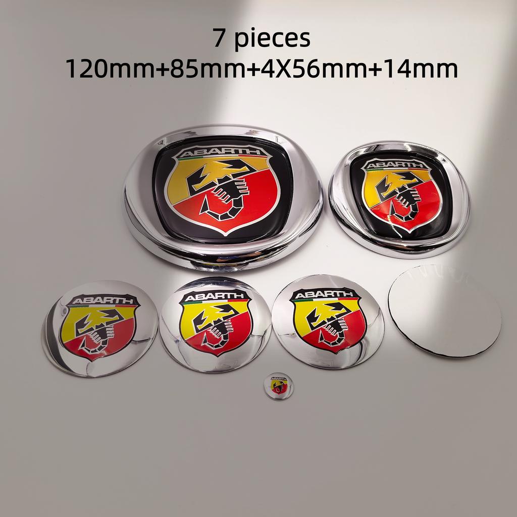 7pcs Fiat Abarth Car Front Hood Bonnet Badge 85/95/100/120mm Rear Trunk Boot Badge 10/12cm Hub Cap Wheel Center Cap 56/60mm