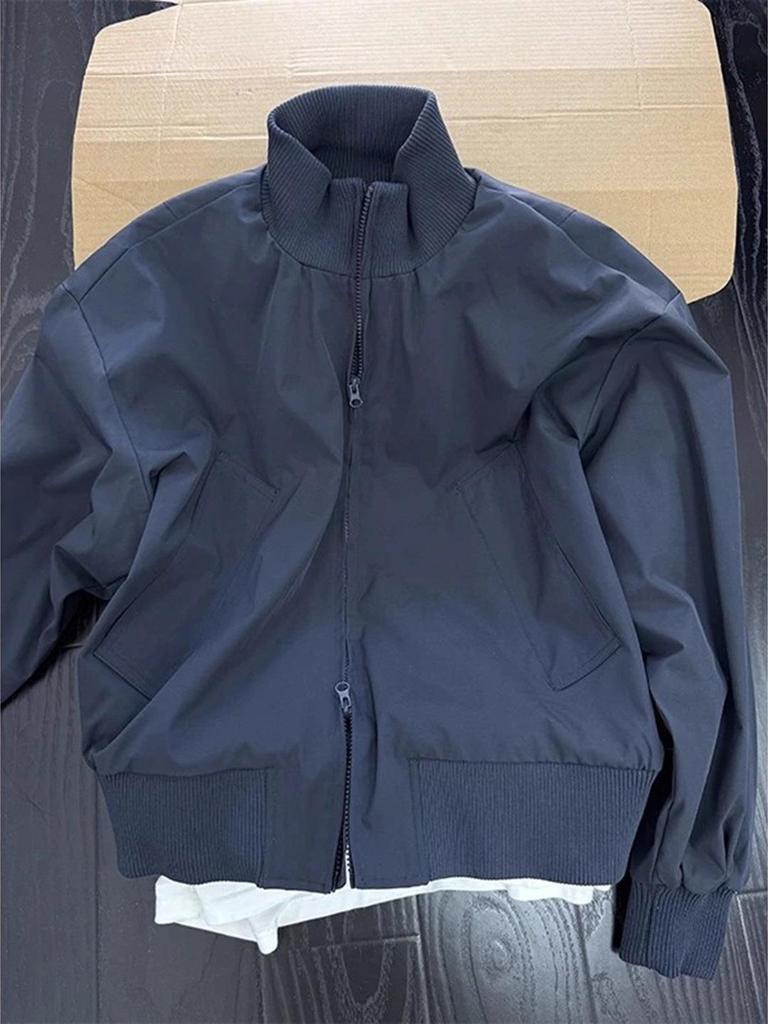 Męska Granatowa Kurtka Bomberka ze Stójką - Jesienny Styl High-Street, Unisex w Stylu Baseballowym.