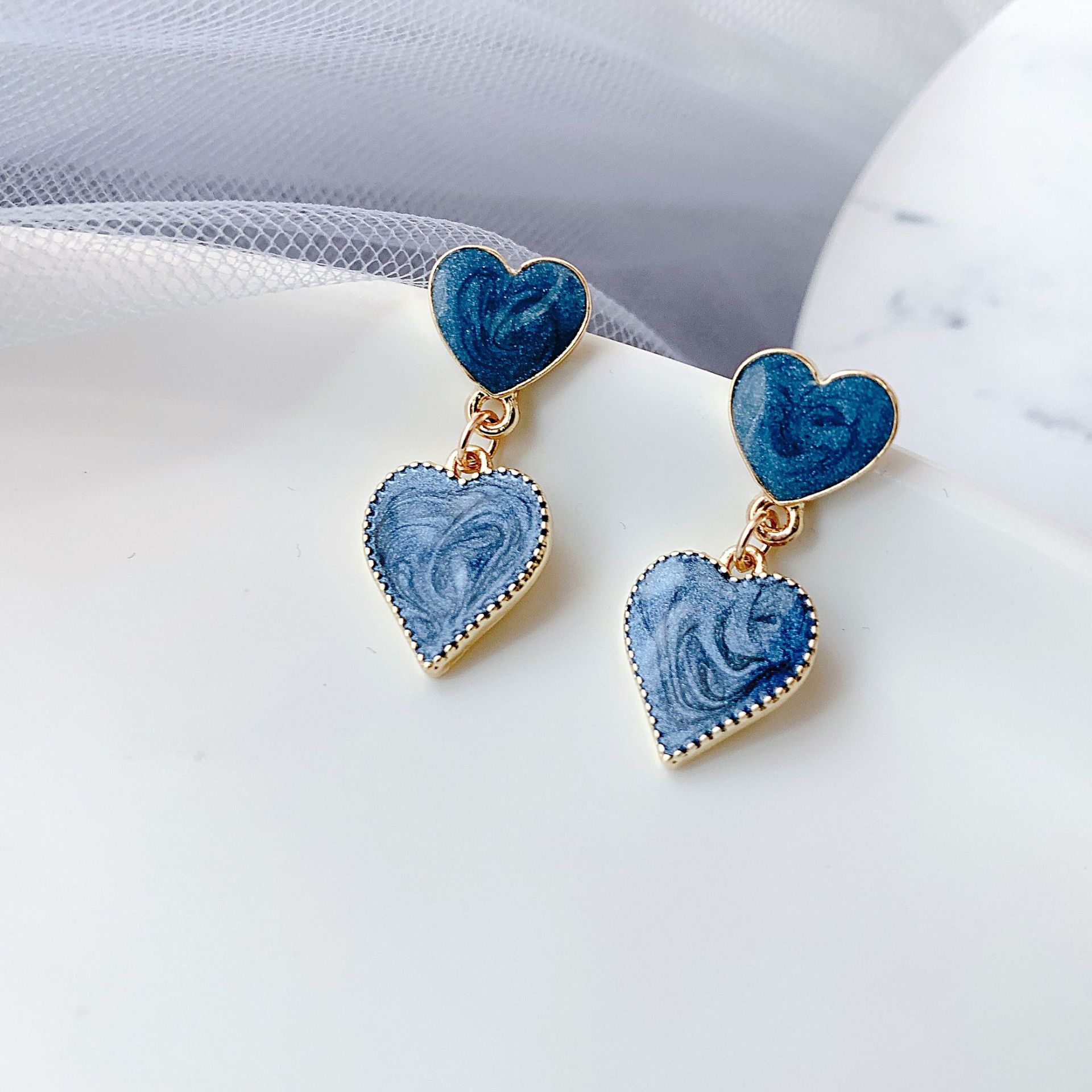 

1Pair of Starry Sky Blue Heart Earrings, Retro Drip Enamel Earrings, Simple Style Youth Jewelry