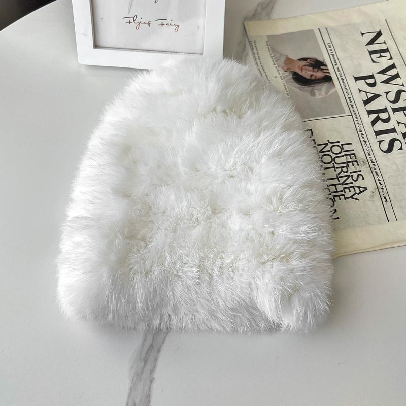 Autumn and Winter New Rabbit Fur Woven Small Round Hat Female Korean Version Warm Ear Protection Bag Head Knitted Fur Hat Shows Small Face