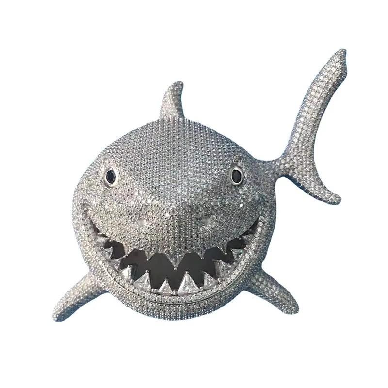 Factory Price Gold Plated Brass 3D Full Body Iced Out Shark Cubic Zirconia Pendant Hip Hop Fashion Necklace Jewelry for Unisex