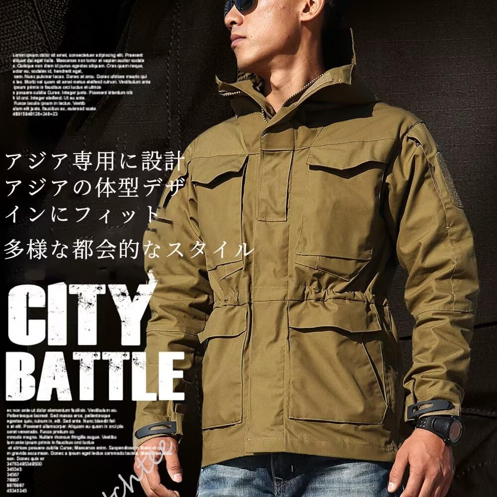 Outdoor Jacket Multifunctional Hooded Tactical Mountain Parka M65 Full of Pockets Compatible with Work Cargo Water Repellent [eleitchtee] [LHT] Men's