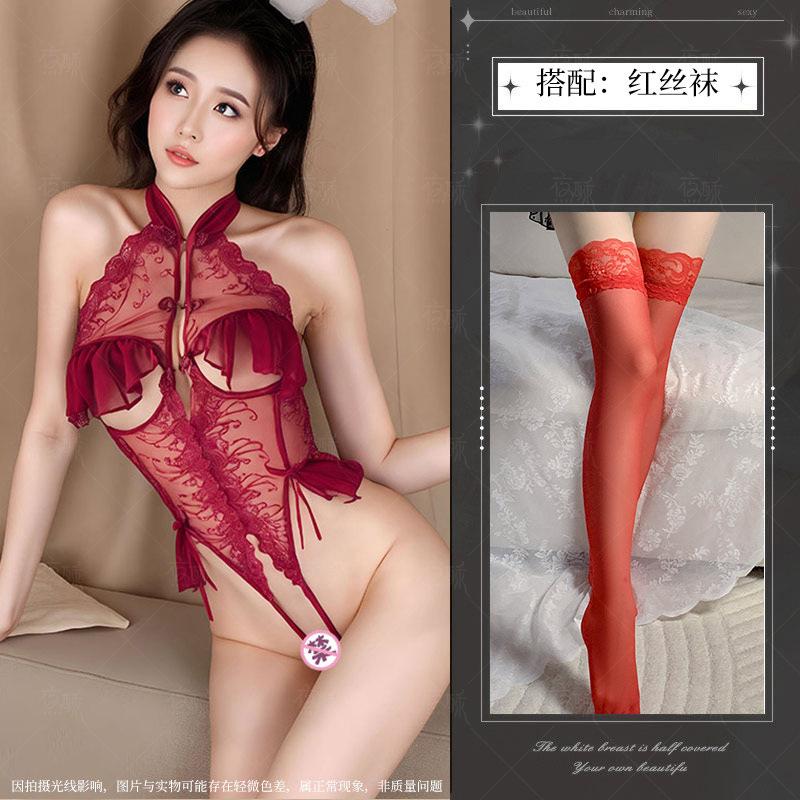 Sex underwear sexy onesie women's lace temptation cheongsam hollow open small chest uniform