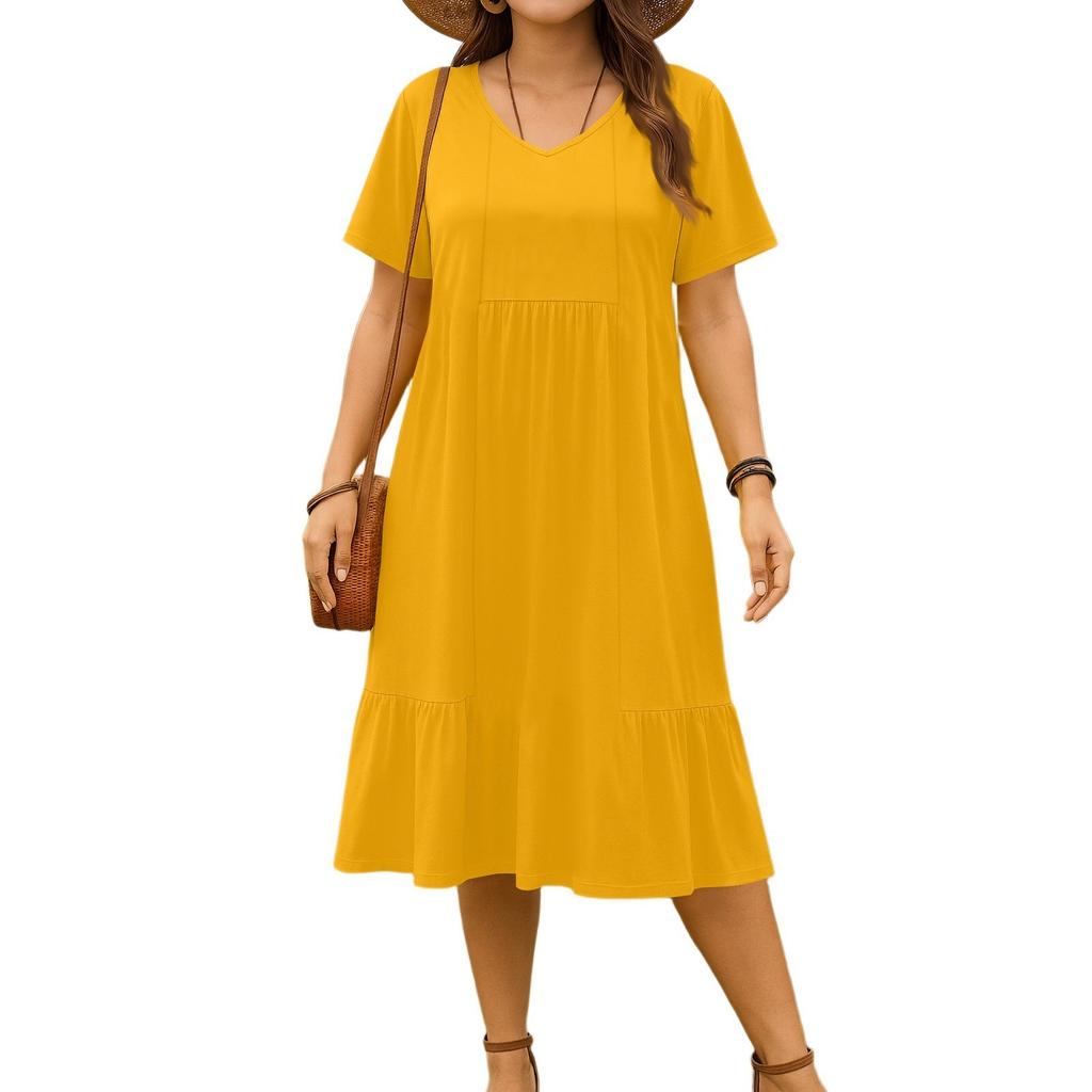 Women's vintage pleated V-neck dress in solid color