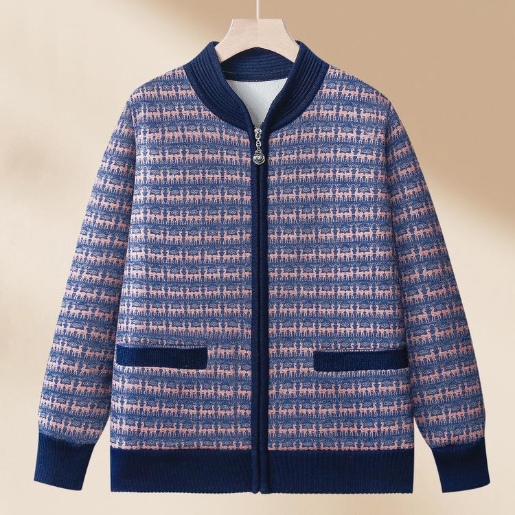 Abrigo de Invierno para Abuela Forro Polar Engrosado Cremallera Estilo Extranjero Suéter de Punto Ropa Cálida de Primavera para Madre