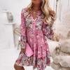 Women‘s V Neck Long Sleeve A-Line Mini Dress Floral Print High Waist Casual Gown