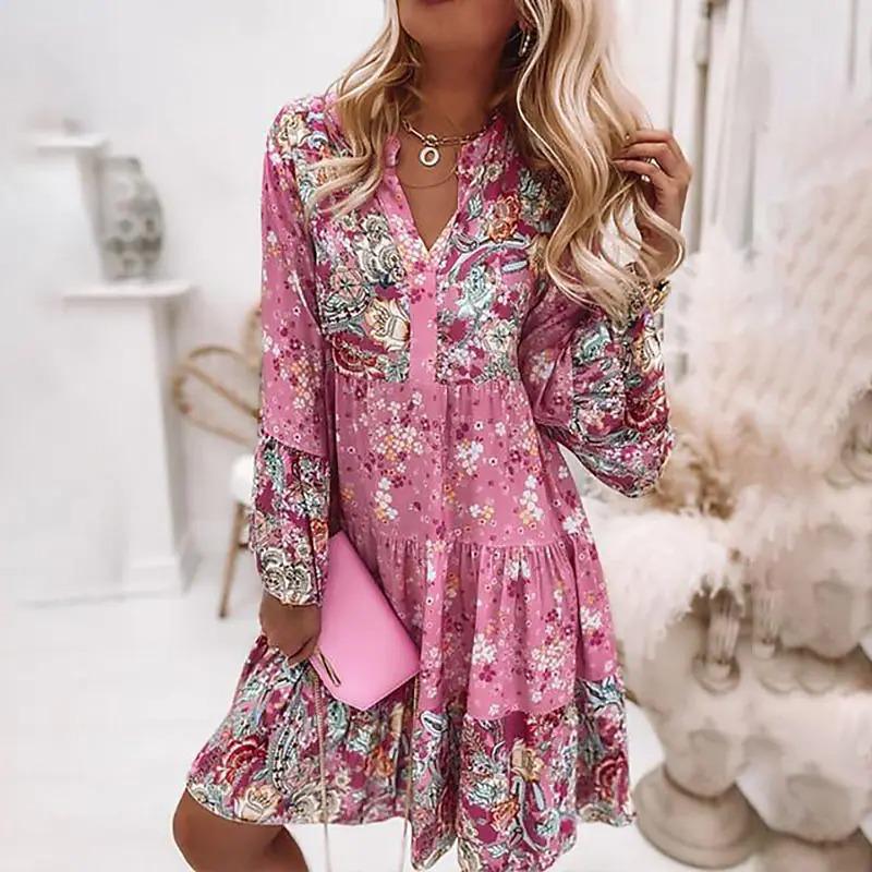 Women‘s V Neck Long Sleeve A-Line Mini Dress Floral Print High Waist Casual Gown