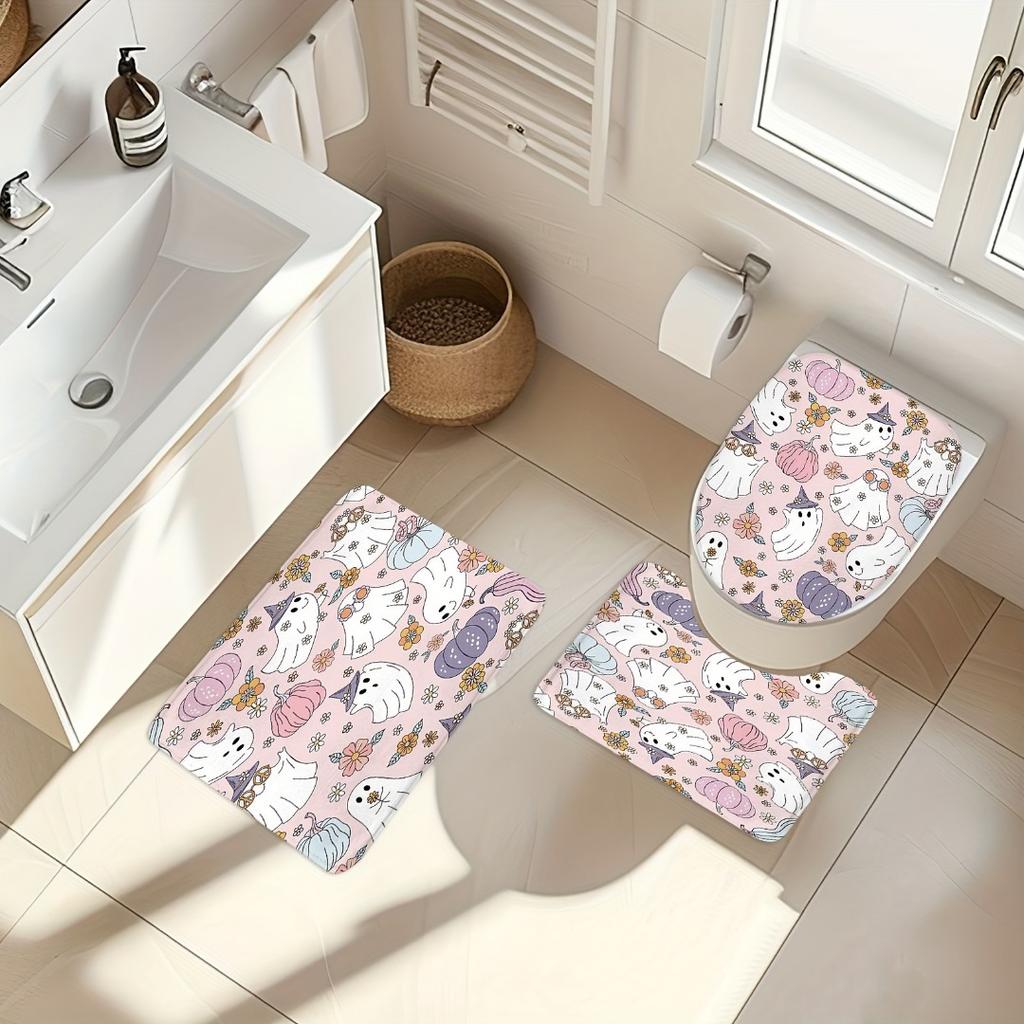 1/4Pcs Halloween Decoration Pink Cute Ghost Pattern Shower Curtain Bathroom Decor Halloween Decoration Indoor Showr Curtain