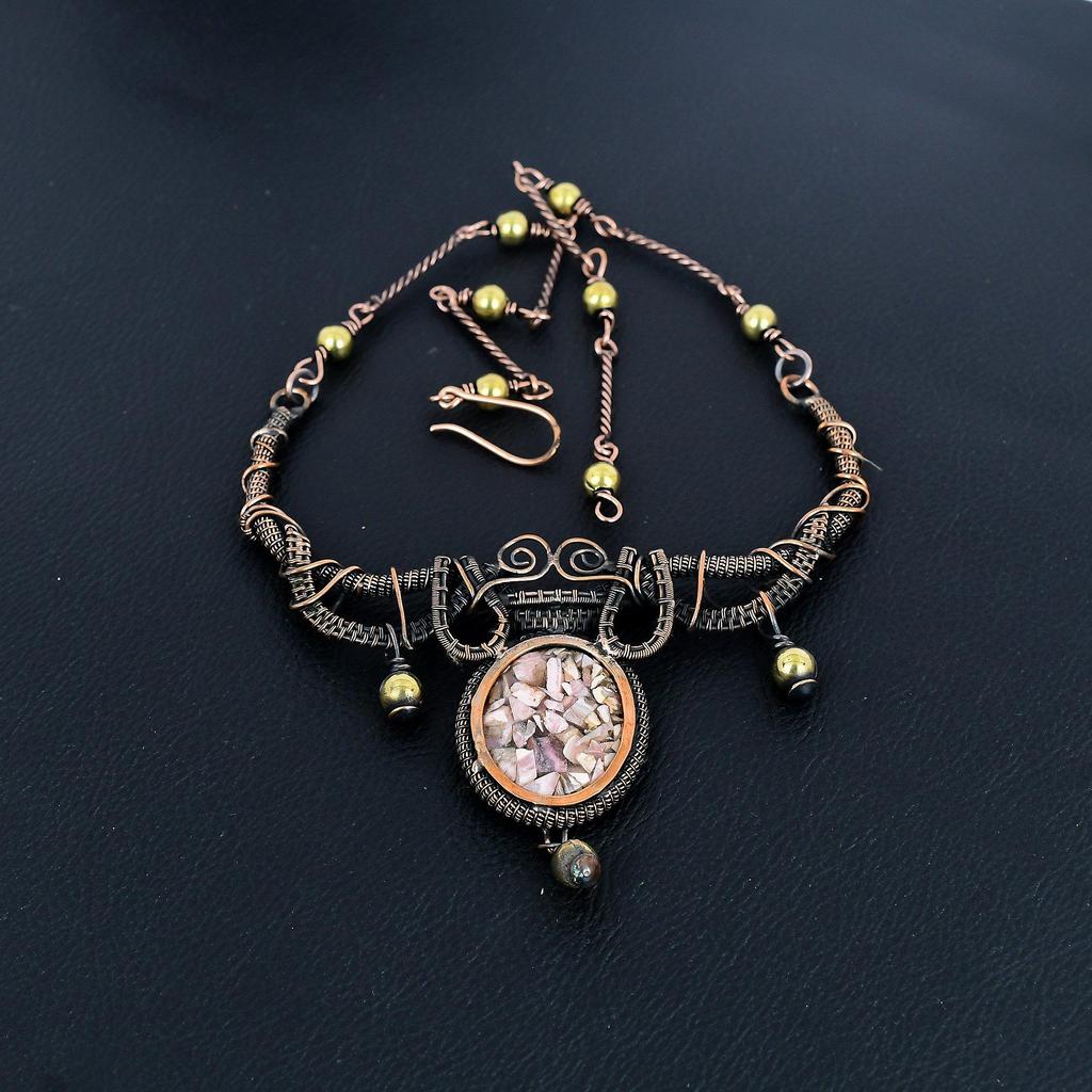Copper Rhodochrosite Necklace Gemstone Jewelry, 999 Copper Wire Wrapped Necklace, Adjustable Handmade Chain Necklace Gift For Wife Jewelry