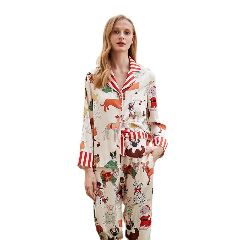 Weihnachts-Hund Damen Langarm Pyjama Set - Herbst/Frühling Seidenähnliche Homewear