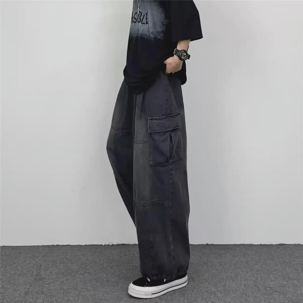 Trendy Japanese Wide-Leg Men's Overalls with Large Pockets - Summer Casual Loose-Fit Jeans