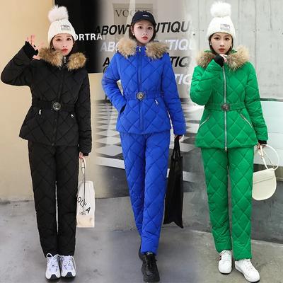 Suit Cotton-padded Jacket Women's Slim-fit Fashion Thickened Warm Big Fur Collar Down Cotton-padded Trousers Two-piece Winter