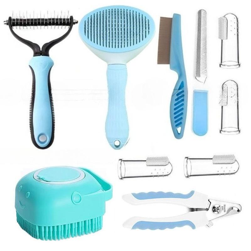 10-piece Cat and Dog Brush Beauty Set, Self-cleaning Rake Brush, Nail Clipper, Flea Comb, Bath Brush, Finger Cots