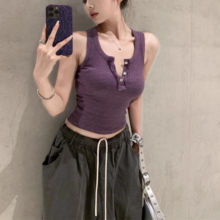 Summer Women's New YK American Retro Spice Girl Sexy European and American Style Button Collar Slim Sling Vest Top