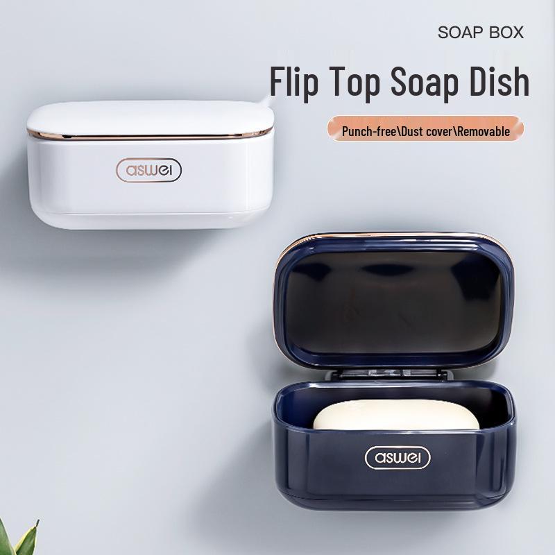 Wall-Mounted Drainable Soap Dish with Lid - No-Punching Bathroom Storage Rack for Home or Travel