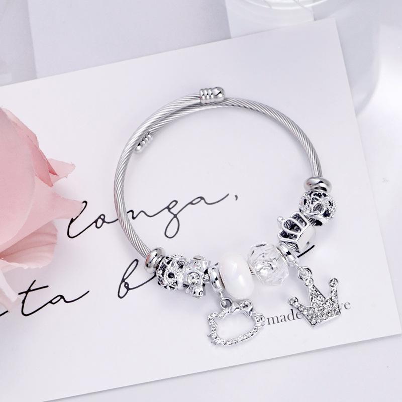 Elegant Diamond Beaded Bracelet With Smiley Face Charm Stainless Steel Jewelry For Women