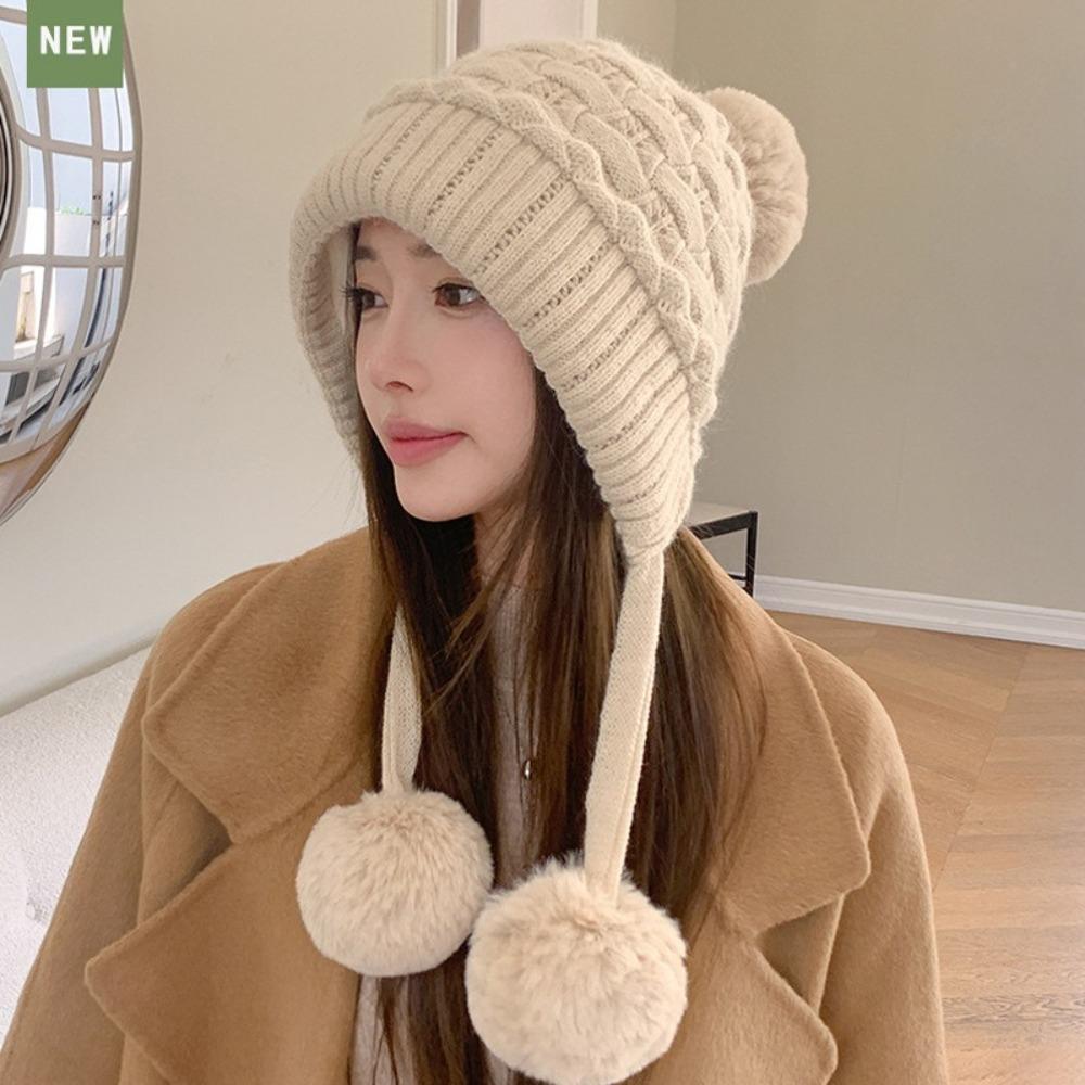 Warm Lining Pullover Cap Pom Pom Ball Woolen Hat New Beanie Hat Women