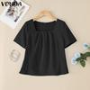VONDA Women Girls Square Collar Short Sleeve Slim Waist Casual Blouse