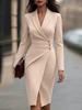 Women's Blazer Dress Lapel V Neck Long Sleeve Solid Color Button Decor Slim Fit Irregular Midi Dress 2026 Autumn Business Casual Wear