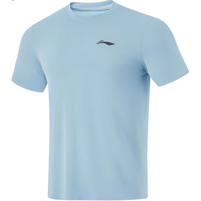 Pulôver de Cor Sólida com Gola Redonda Corte Reto Manga Curta Camiseta Tops Masculinos Azul Névoa Suave ATSU053-3