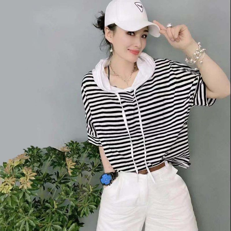 

Женская одежда Чистый хлопок Летняя Свободная Полосатая Футболка с коротким рукавом Black and white Stripes XL