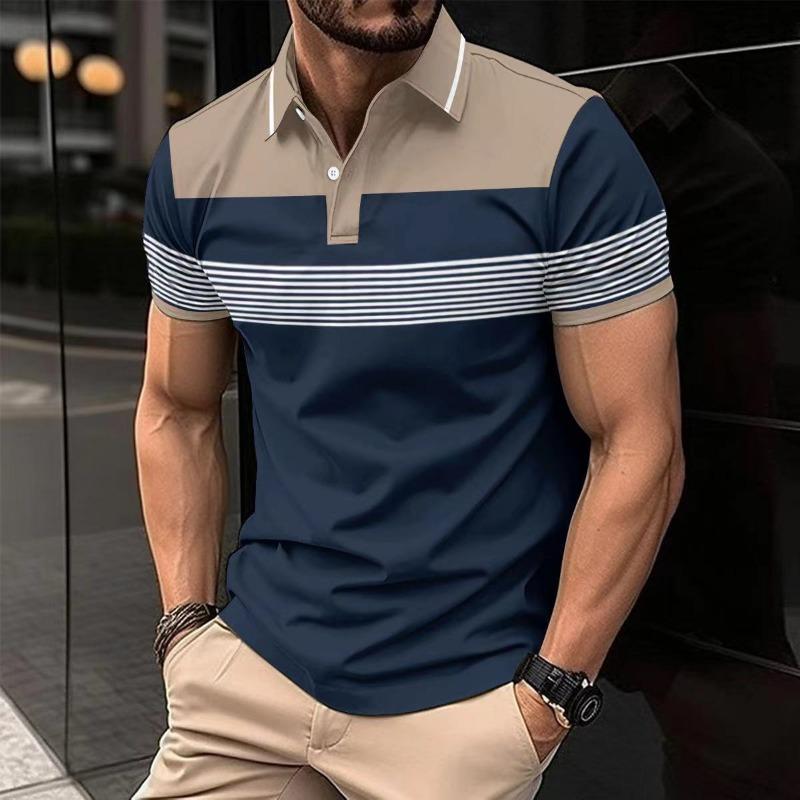 Men's Korean-Style Casual Patchwork Short-Sleeve Polo Shirt V-Neck Button Striped Versatile T-Shirt Top