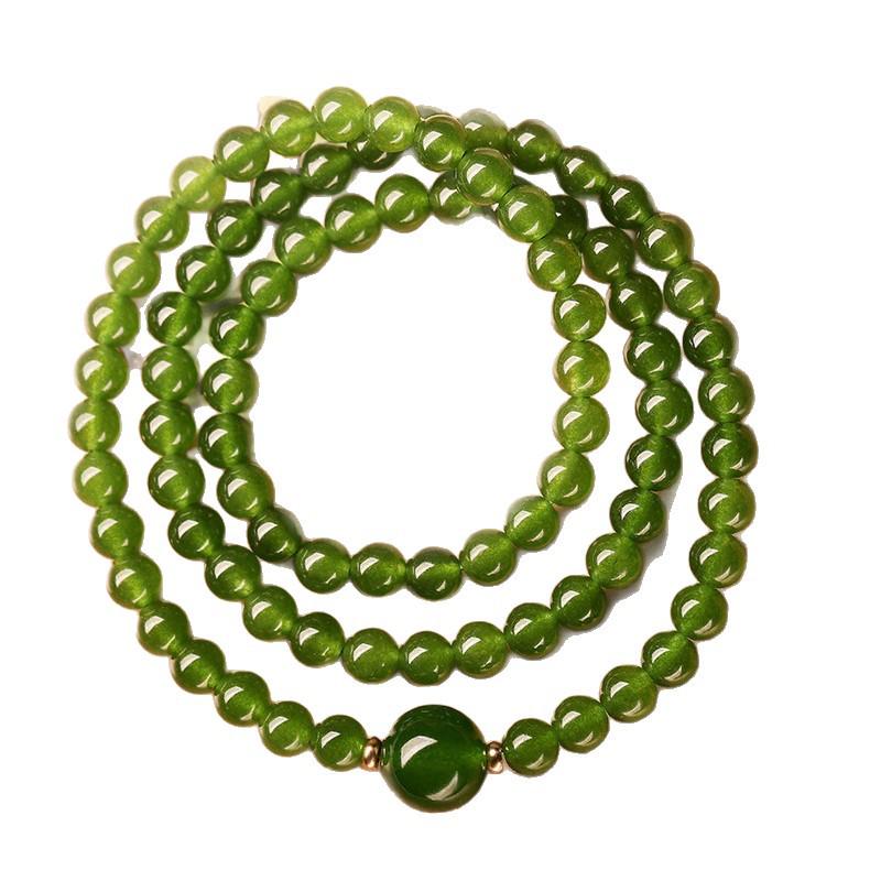 Women's Multi-Turn Natural Green Jade Beaded Bracelet with Round Beads