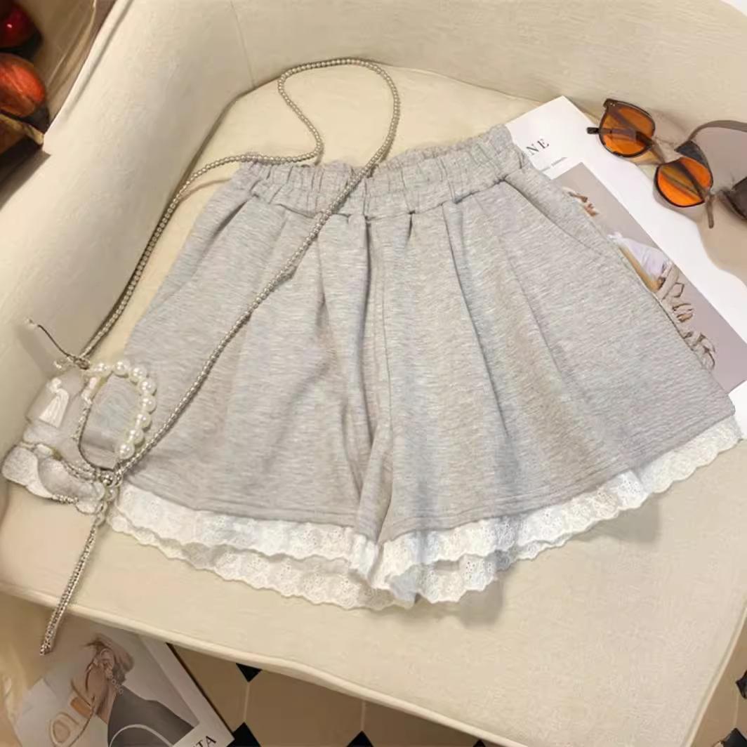 

Women s Casual Gray Wide-Leg Pants with Lace Trim - Slimming, Elastic Waist, Versatile Summer Shorts Large чорний