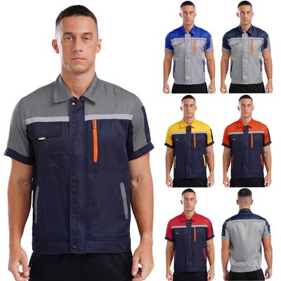 Mens High Visibility Work Shirt Reflective Stripes Zipper Closure Short Sleeve Workshop Jacket with Pockets