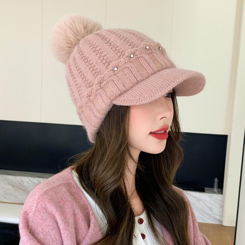 Knitted Baseball Cap Female Rabbit Hair Blended Cap Fleece Warm Wool Cap Autumn And Winter Cold Ear Protector Tide