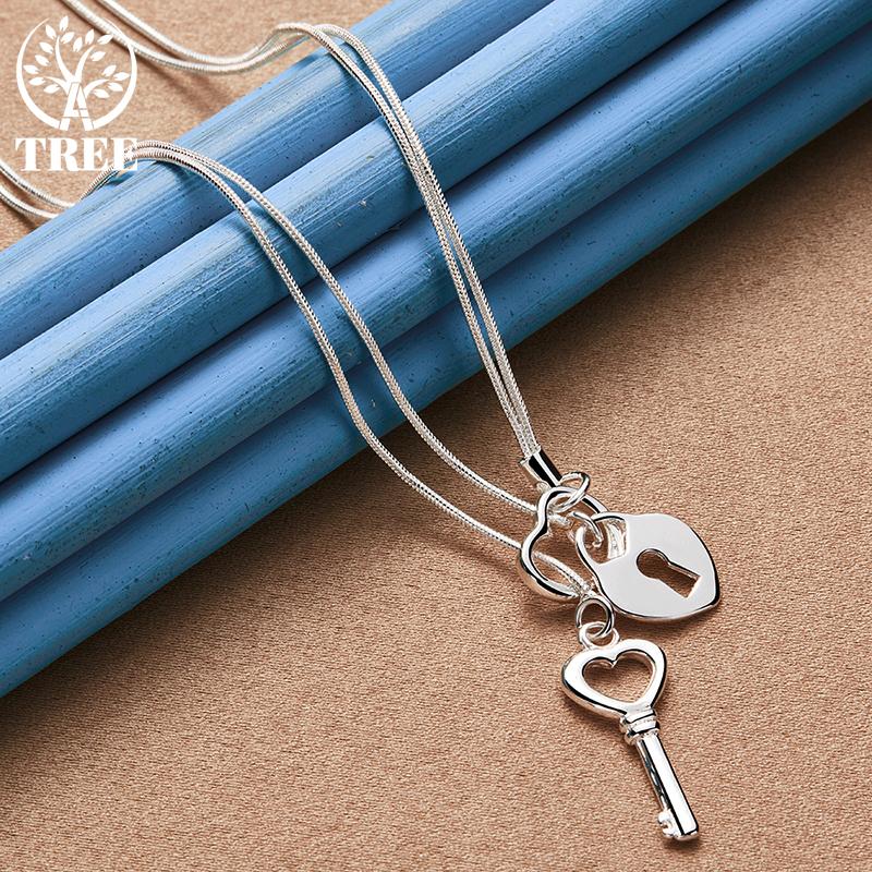 AliZero 925 Sterling Silver Key Heart Lock Necklace Snake Chain Women's Wedding Fashion Charm Jewelry