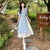 Summer French Women's Fake Two-Piece Shirt Dress V Neck Waist Slim Long Elegant Literary Dress