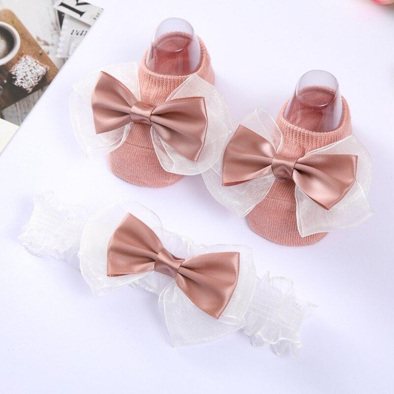 Cute Baby Girl Headband Socks Set Lace Bows Newborn Knotbow Socks Elastic Hairband Toddler Girl Hair Accessories for 0-2T
