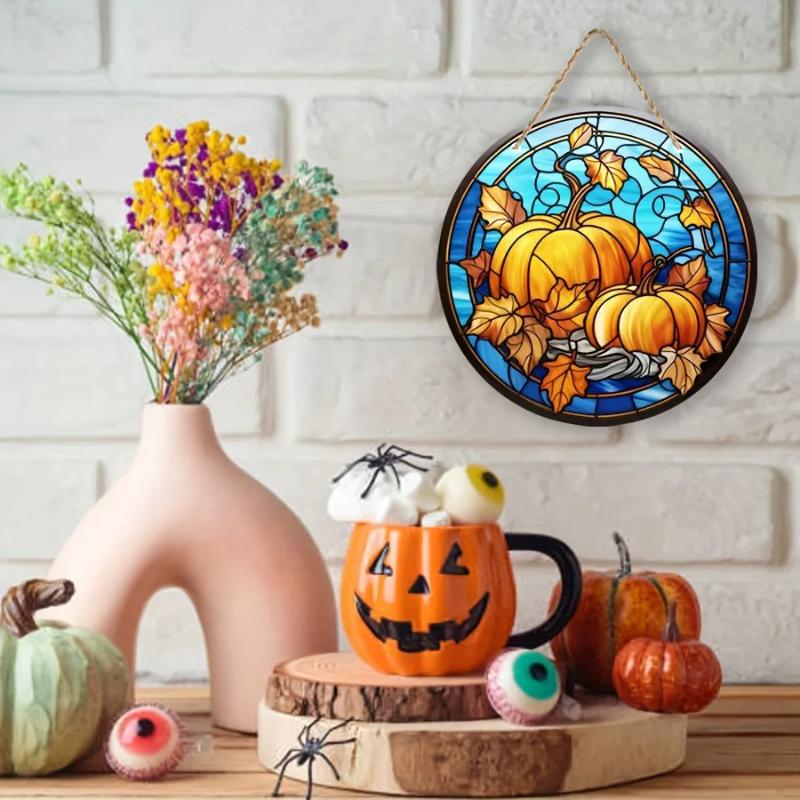 Halloween pumpkin stained glass pendant for decoration, wall art home decoration, holiday door hanging decoration