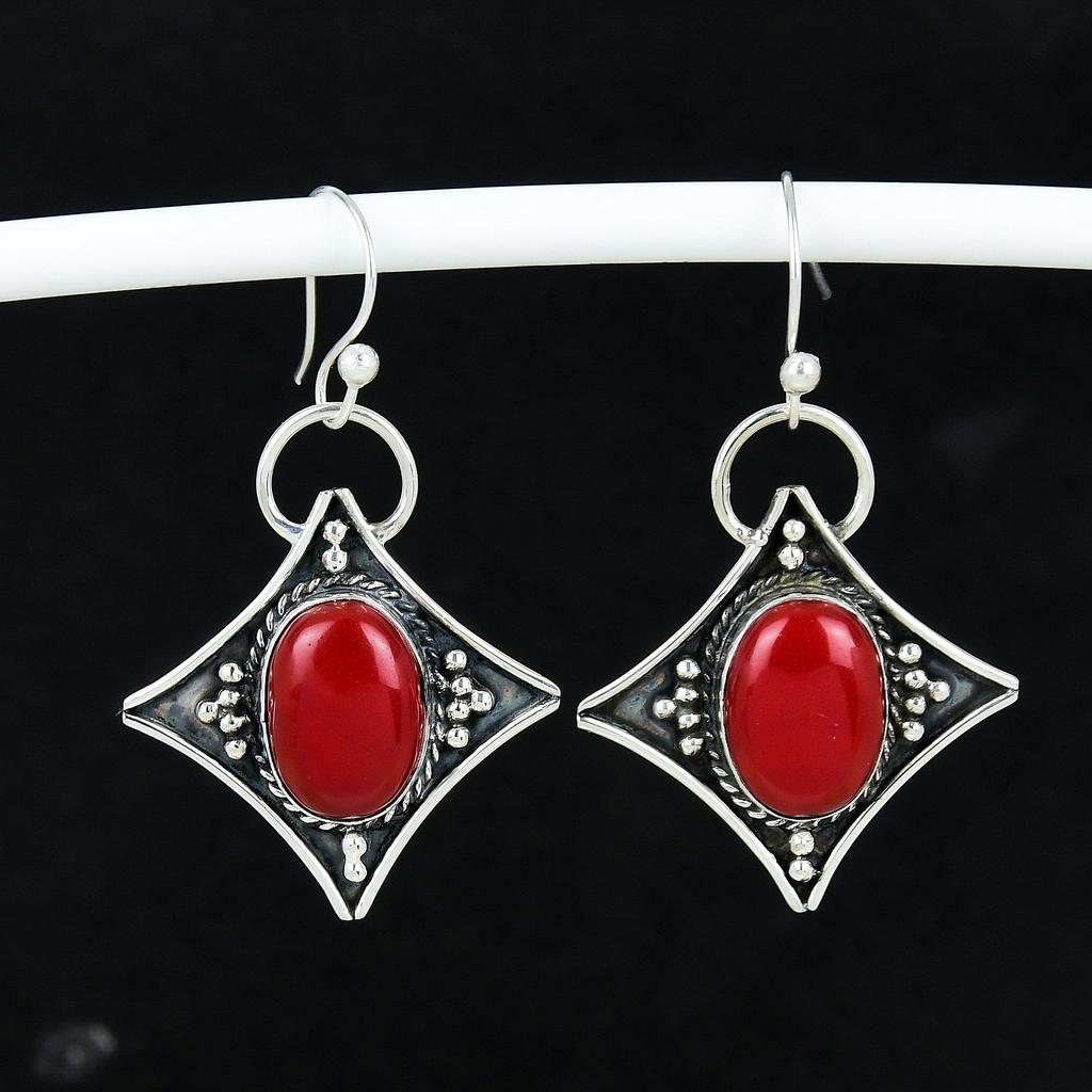 Orecchini Antichi in Pietra di Corallo Rosso Naturale Argento Sterling 925, Orecchini Pendenti Gioielli in Argento Boho, Regali Per Regali di Matrimonio Per Lei