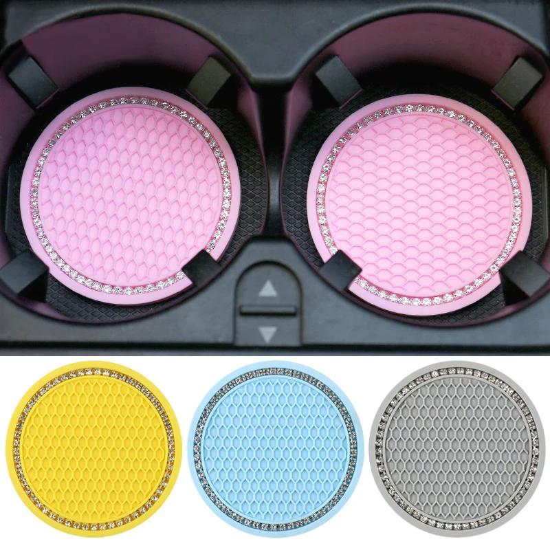 2pcs Cute Bling Car Cup Holder Coaster Mat with Rhinestone for Women Girl Universal Anti Slip Automotive Interior Amagi
