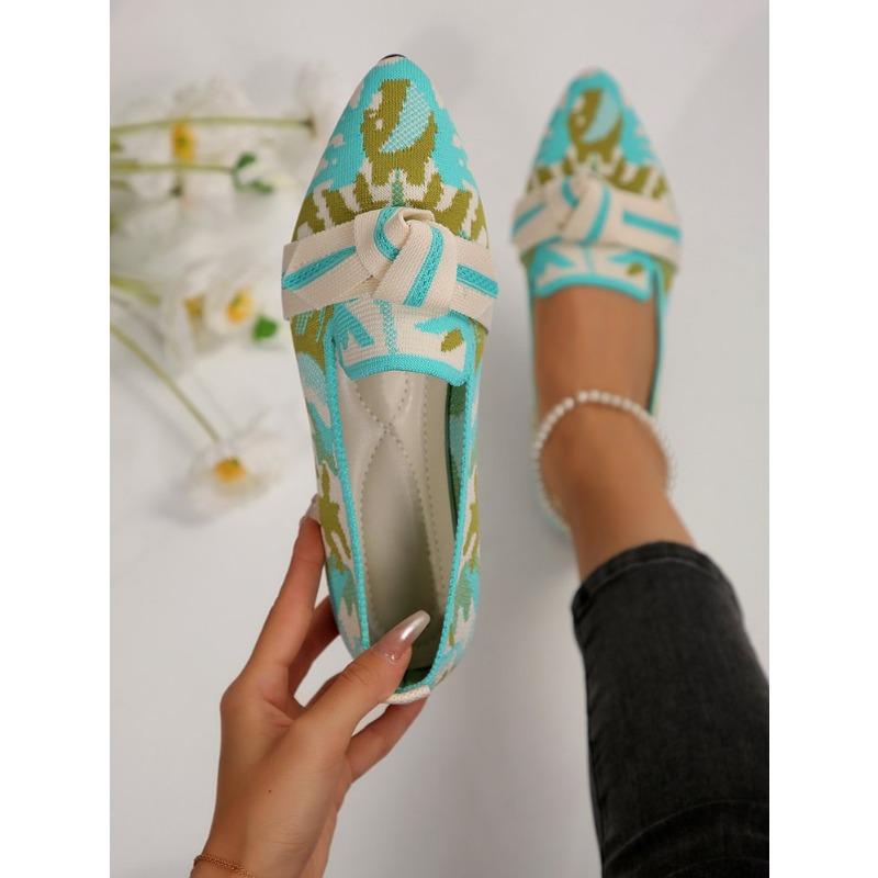Skinny pointed large size flat single shoes women, fashionable flying weaving one pedal bow casual breathable color matching single