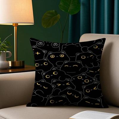 Schwarzer Kawaii Katzen Kissenbezug Kurzer Plüsch Doppelseitiger Druck Quadratische Dekokissenbezüge Sofa Heimkissen Dekoration