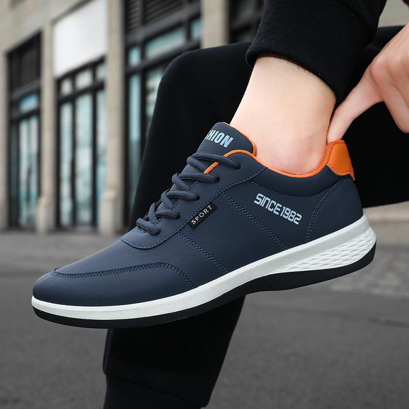 Artificial Leather Men's Casual Shoes Spring Men's Casual Lightweight Sports Shoes Lace Up Flat Shoes Breathable Outdoor Jogging