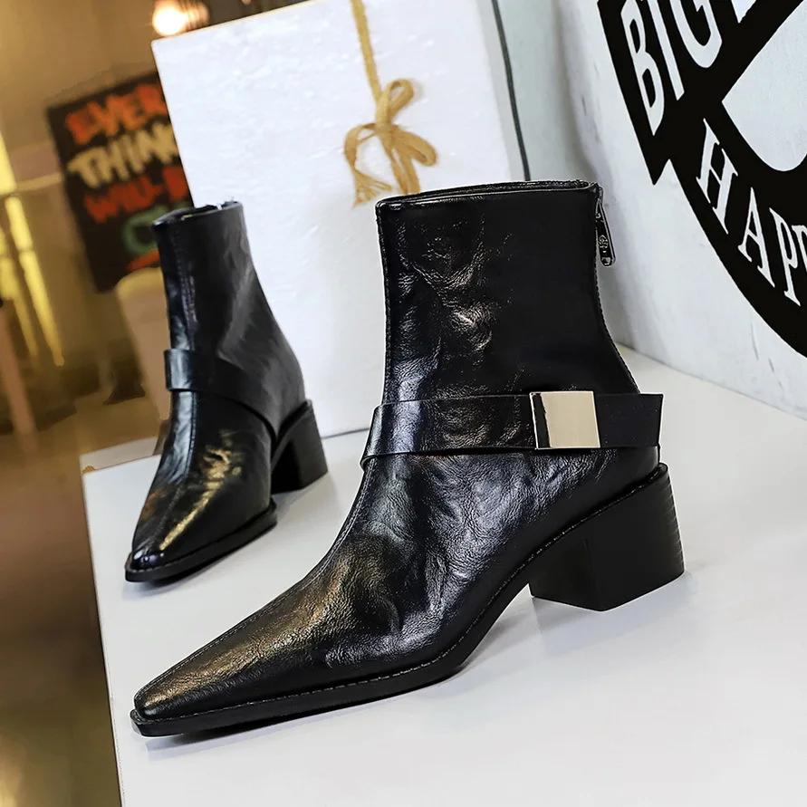 

BIGTREE Women s Ankle Boots Fashion Pointed Toe Short Botas Ladies Elegant Square Low Heel Metal Decoration Women Footwear 40