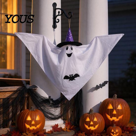 Ghost Decoration for Yard Halloween Hanging Decoration, Cute Flying White with Witch Hat Wind Flowing And Bat Pattern Indoor Outdoor Patio