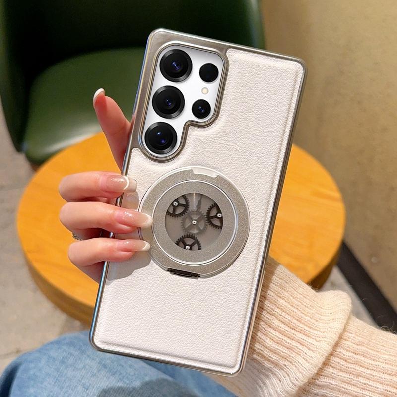 For Samsung Galaxy S24 Ultra Magnetic Case Rotating Kickstand Gear Stress Relief Leather Phone Back Cover